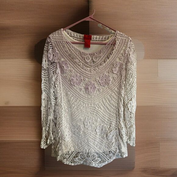 V Cristina Pink Ivory Ombre Crochet Top Small Vacation Boho Chic Sweater Beach - Picture 1 of 9